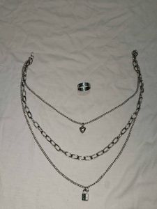 Layered Chain Necklace & Ring Set stainless steel