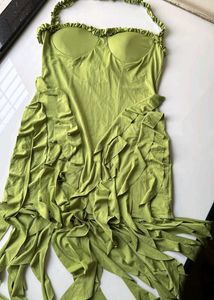 y2k pista Green Ruffle Dress