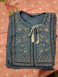 Denim Blue Embroidered short kurti