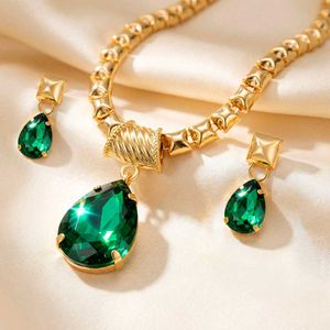 Gold Tone Emerald Drop Necklace &amp; Earrings Set
