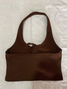 Brown Ribbed Halter Neck Crop Top