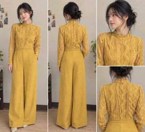 💫Elegant Yellow Lace Top & Palazzo Pants Set