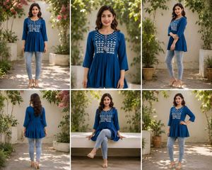 Stylish Blue Embroidered Kurti Top-All size Availa