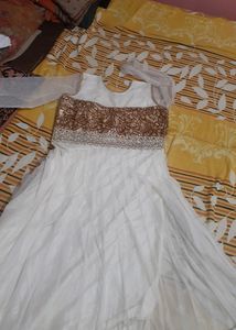 Elegant White &amp; Gold Anarkali Dress