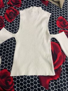 Cream Ribbed Cold Shoulder Mock Neck Top