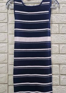 Navy blue and white striped sleeveless dress