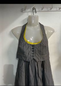 Pinstripe Halter Neck Dress with Vest Overlay