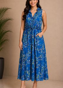 Blue Floral Print Midi Dress with Ruffle Neck
