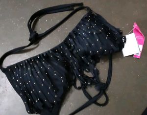 Black Ruffle Bikini with Gold Studs