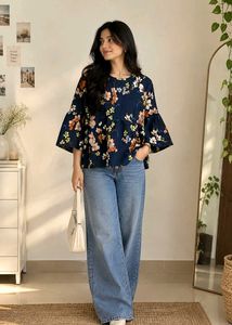 Chic Navy Floral Bell Sleeve Top