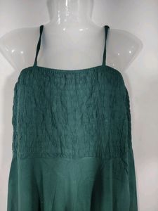 Green Plain Smoking Strap Dress (Women's)
