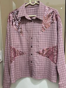 Pink Checkered Sequin Detail Shirt