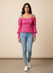 Smocked Classic Pink Patterned Long Sleeve Top