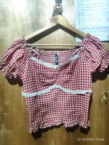 Gingham Puff Sleeve Square Neck Top
