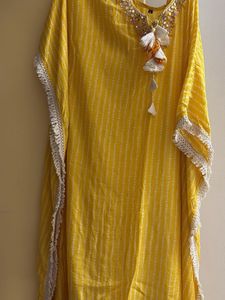 Yellow Embroidered With Mirror  Work Kurta Kaftan