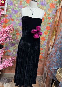 Velvet Strapless Gown with Floral Detail