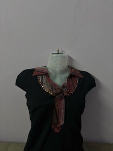 Stylish Black Top with Embellished Collar