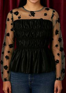 Black Floral Sheer Long Sleeve Top