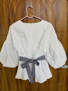 White Balloon Sleeve Peplum Top