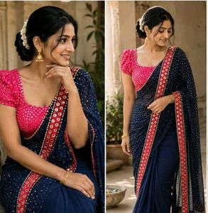 Elegant Navy Blue Saree with Pink Blouse