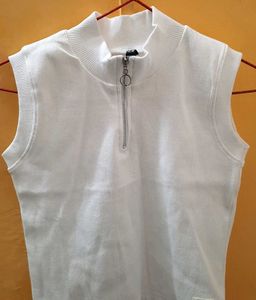 White Zip-Up Sleeveless Rib Knitted Tank Top