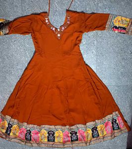 Orange Anarkali Dress with Mirror Work