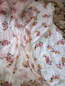 White Floral Kurta Set with light wash duppata