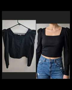 Black Puff Sleeve Square Neck Top
