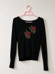 Black Embroidered Floral Long Sleeve Top