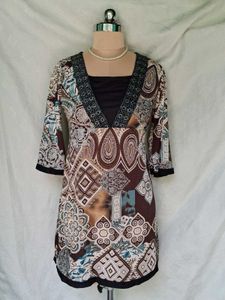 Boho Print V-Neck 3/4 Sleeve Tunic Dress