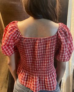 Red Plaid Smocked Puff Sleeve Top