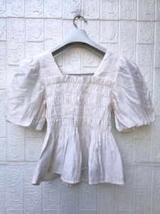 Korean Pinterest White Smocked Puff Sleeve Top