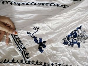 White Kurta with Blue Embroidery