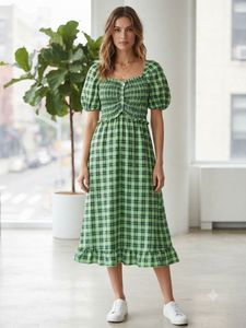 Green Plaid Button-Front Midi Dress