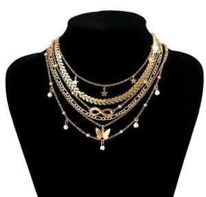 Multi-Layered Gold Butterfly Necklace 6pcs