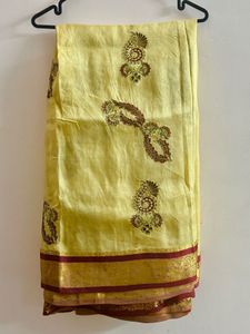 Custurd-Cream Saree with Maroon &amp; Gold Border
