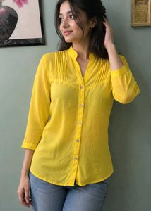 Vibrant Yellow Kurti with Pleated Neckline