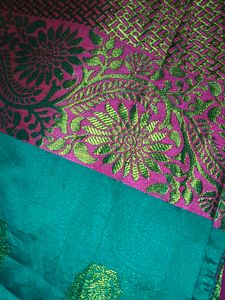 Beautiful Teal Saree with Gold &amp; Pink Border