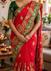 Stunning Red Embroidered Silk Saree lehenga type s
