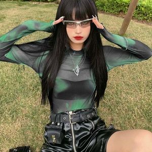 Y2k Edgy Abstract Green Mesh Long Sleeve Top