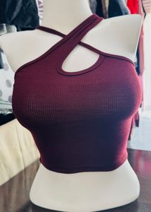 Burgundy Ribbed Halter Crop Top