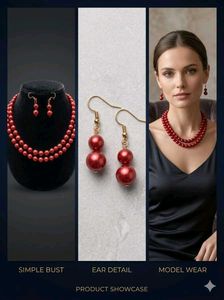 Elegant Red Pearl Necklace &amp; Earring Set