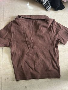 Brown Ribbed Polo Crop Top