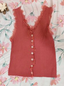 Pink Lace Trim Button-Up Ribbed Top