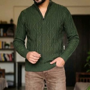 Men's Dark Green Cable Knit Quarter Zip Sweater