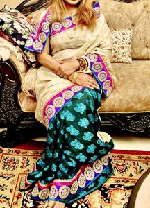 Elegant Cream &amp; Black/Green Saree with Blouse