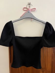 Ribbed Square Neck Puff Sleeve Top