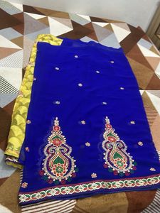 Elegant Blue & Yellow Embroidered Saree