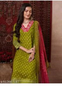 Green Printed Kurta  with Dupatta