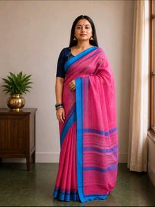 Vibrant Pink Kanchi Cotton Saree with Blue Border